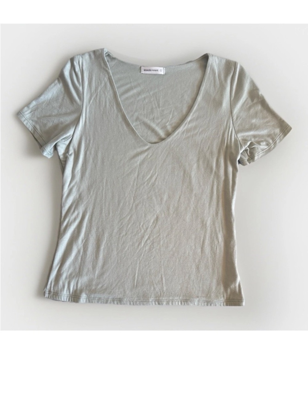 Wasabi + Mint Sage Deep V-Neck T-Shirt Size L Rayon Spandex Stretch Soft Tee